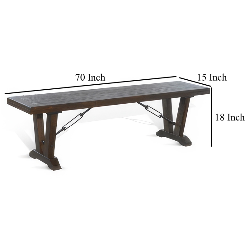 Flint Dining Bench with Turnbuckles- 70 Inch Dark Brown Mahogany Wood