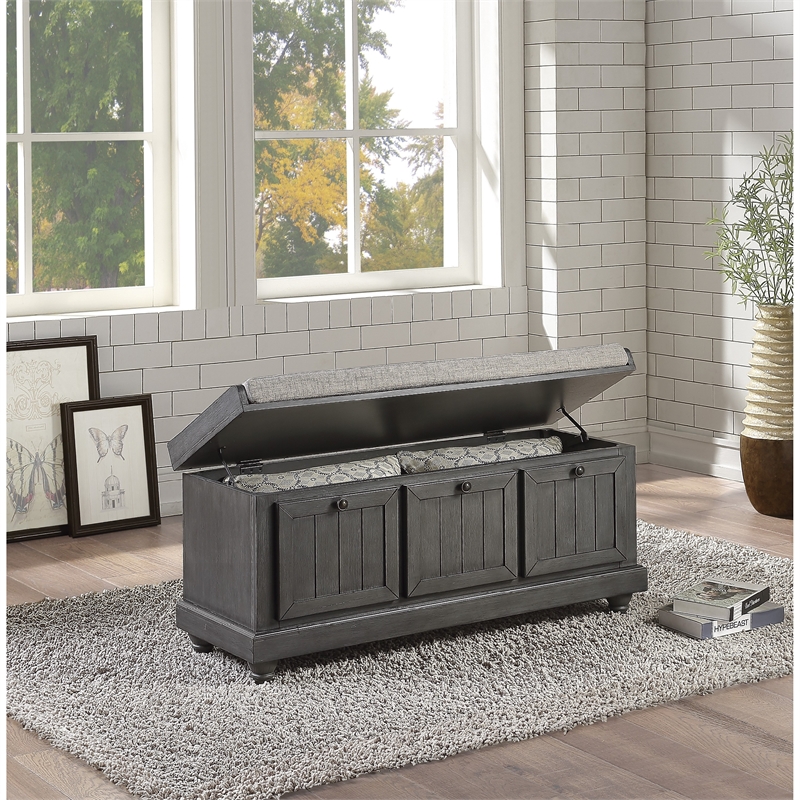 Wali 44 Inch Bench with Lift Top Storage- Plush Gray Cushioned Seat