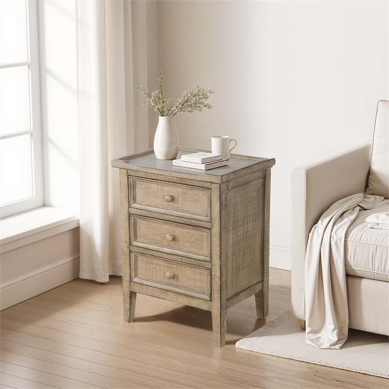 Rena Side End Table - 3 Drawers with Round Knobs - Mahogany Wood