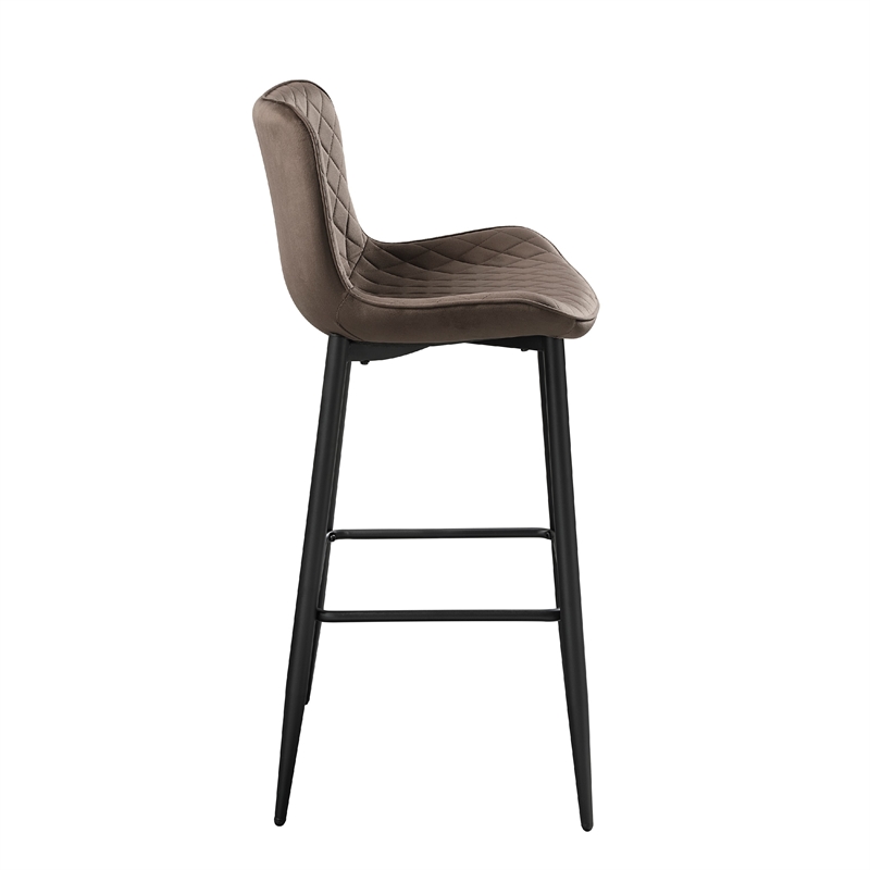 Aniya Bar Stool Chair Set of 2- Black Angled Metal Legs- Brown Velvet
