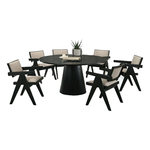 Bili 7pc Round Dining Table and 6 Armchairs Set- Open Back- Beige- Black