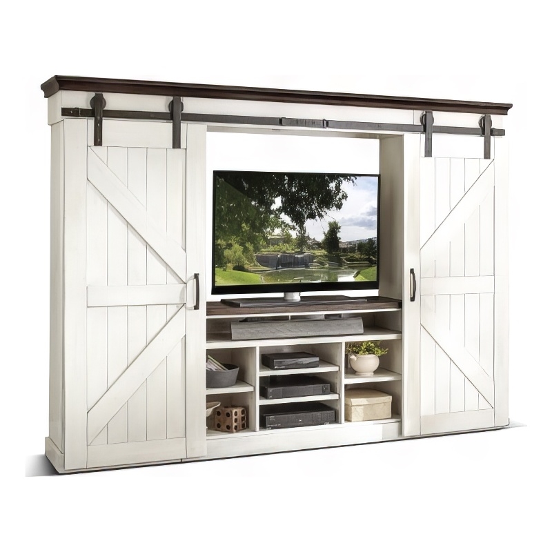 Orso TV Media Entertainment Console Wall w Barn Doors White 109 Inch