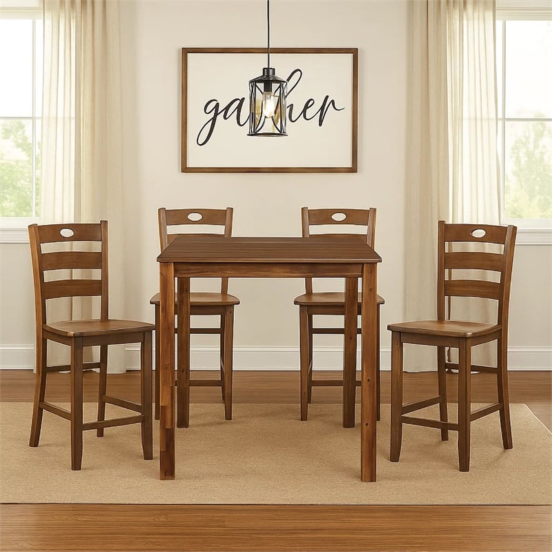 Tori 5 Piece Counter Height Dining Set- Square Table and 4 Chairs- Brown