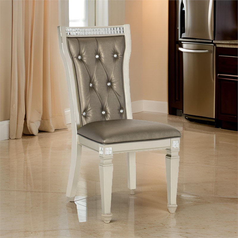 Juhi 21 Inch Side Dining Chairs Set of 2- Mirror Trim Frame- Faux Leather