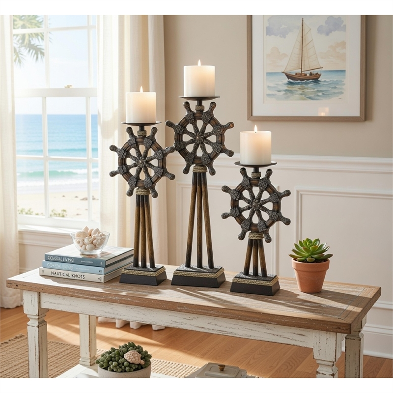 Capi 3pc Candle Holder Set w Candles- Bronze Wheel Shape- Solid Base