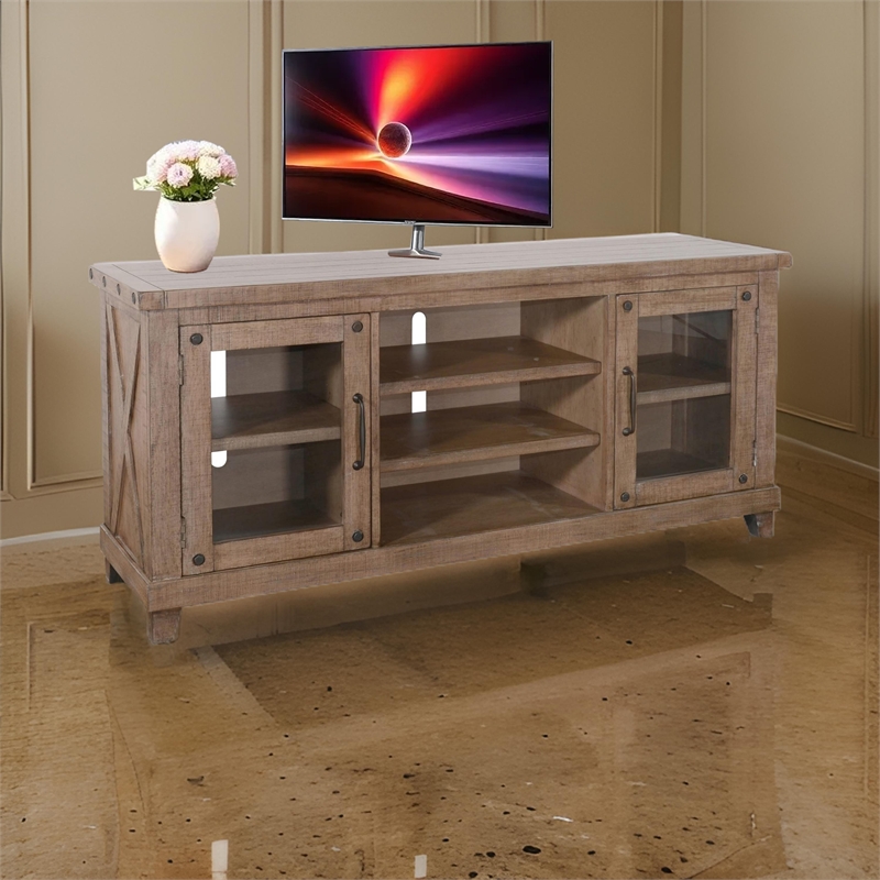 Anva TV Media Console- Shelves- Doors- Light Brown Mahogany- 64 Inch