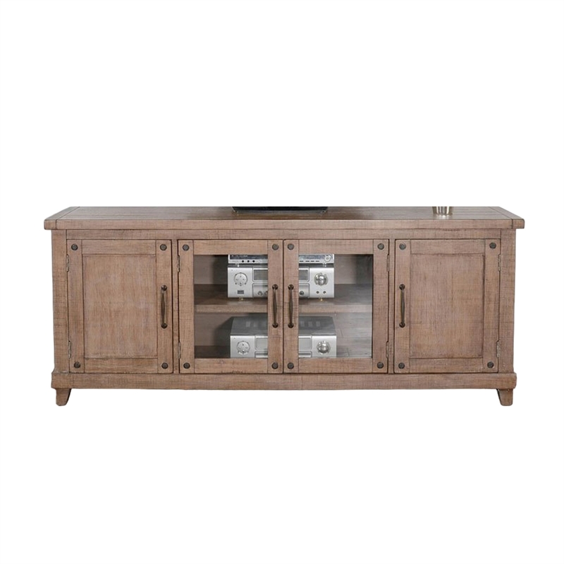 Anva TV Media Console- Shelves- Doors- Light Brown Mahogany- 74 Inch