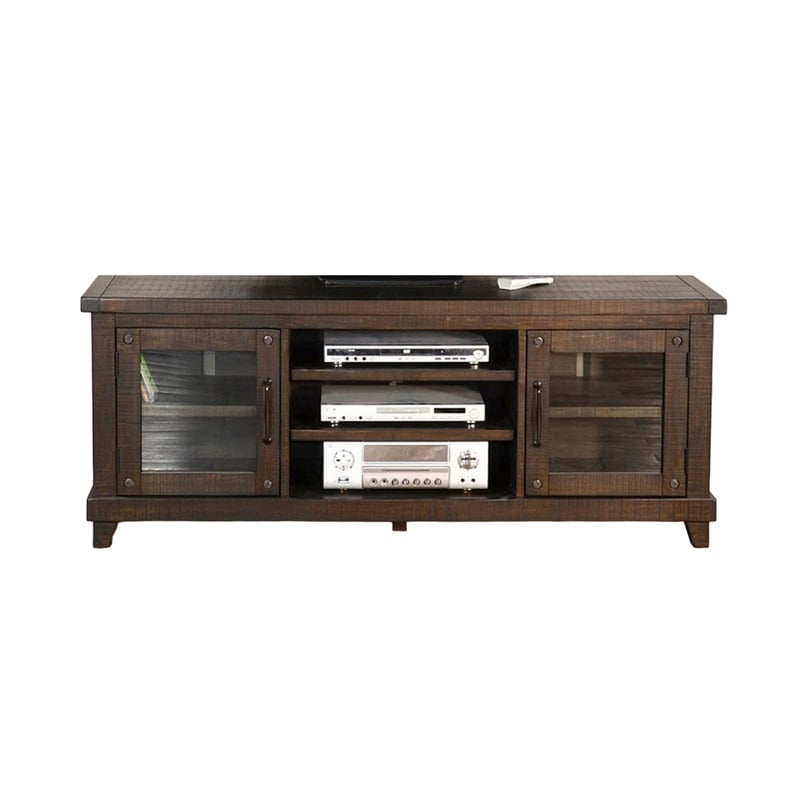 Anva TV Media Console- Shelves- Doors- Dark Brown Mahogany- 64 Inch