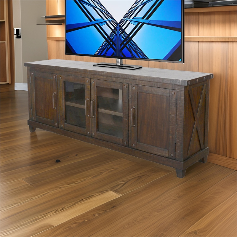 Anva TV Media Console- Shelves- Doors- Dark Brown Mahogany- 74 Inch