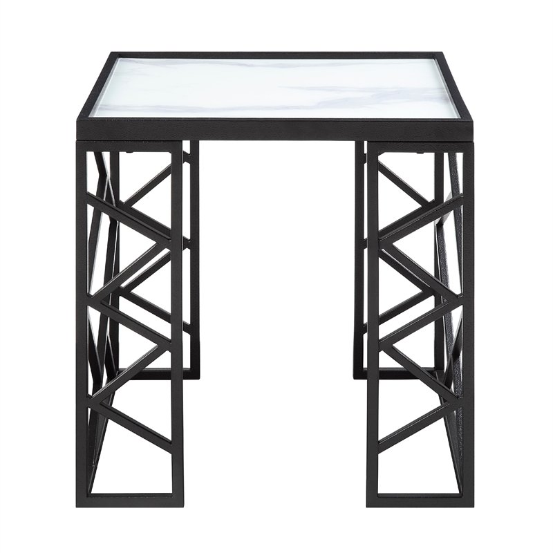 Anya 3pc Coffee and End Table Set- White Marble Print Glass Top- Black