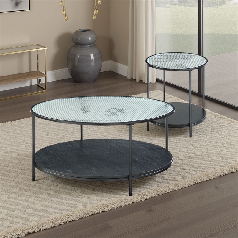 Deena 2pc Coffee and End Table Set- Fluted Glass Top- Black Metal