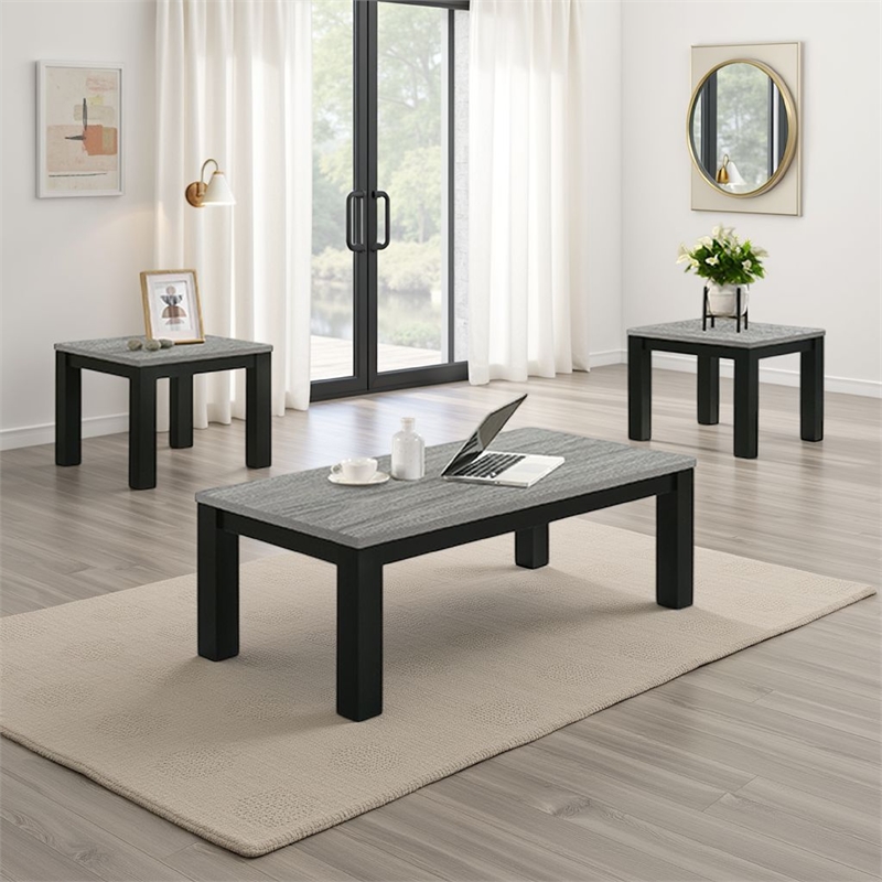 Tex 3pc Coffee and Side End Table Set- Gray Top- Black Wood Legs