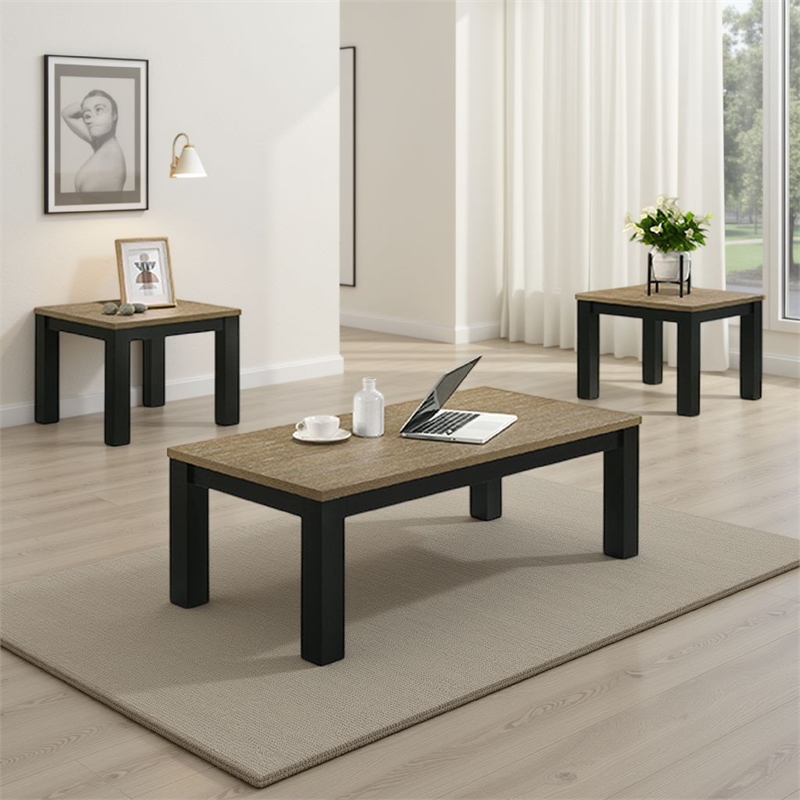 Tex 3pc Coffee and Side End Table Set- Brown Top- Black Wood Legs