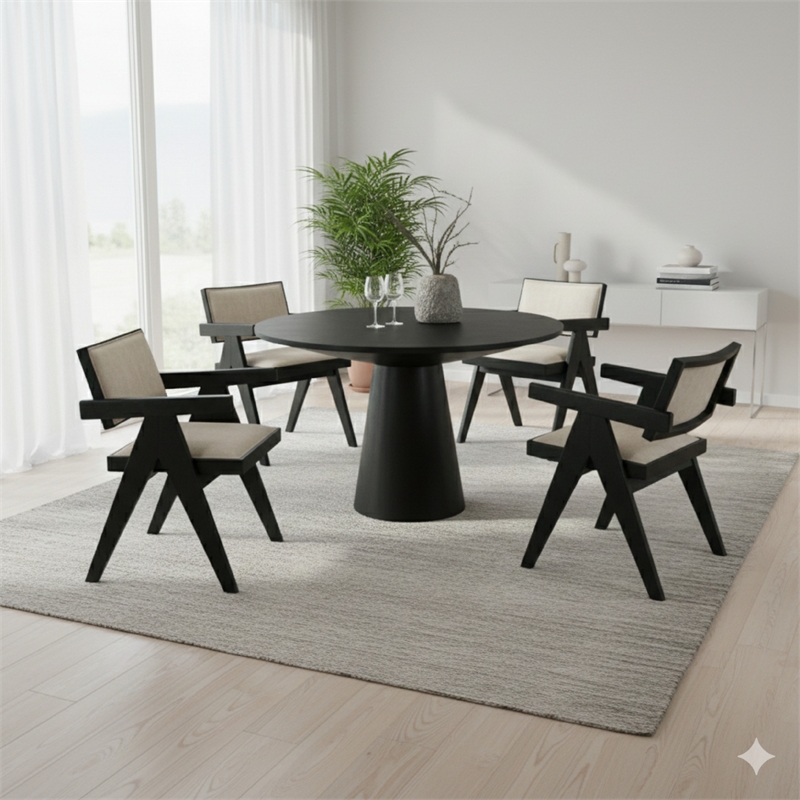 Bili 5pc Round Dining Table and 4 Armchairs Set- Open Back- Beige- Black
