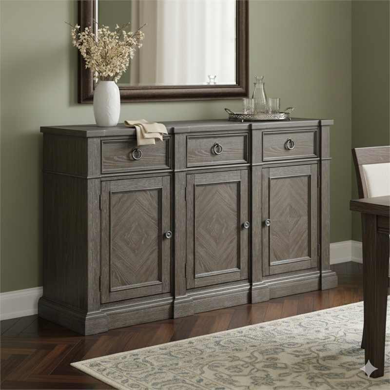 Koa 67 Inch Sideboard Server Console- 3 Beveled Drawers- Driftwood Brown