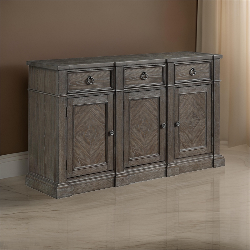 Koa 67 Inch Sideboard Server Console- 3 Beveled Drawers- Driftwood Brown