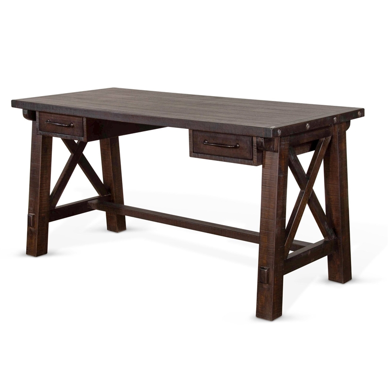 Anva Writing Desk- 2 Drawers- X Motif Panels- Dark Brown 58 Inch Top
