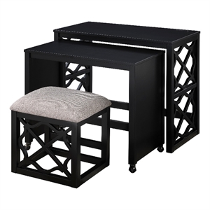 Syna 3 Piece Nesting Desk and Stool Set- Black Wood- Gray Polyester
