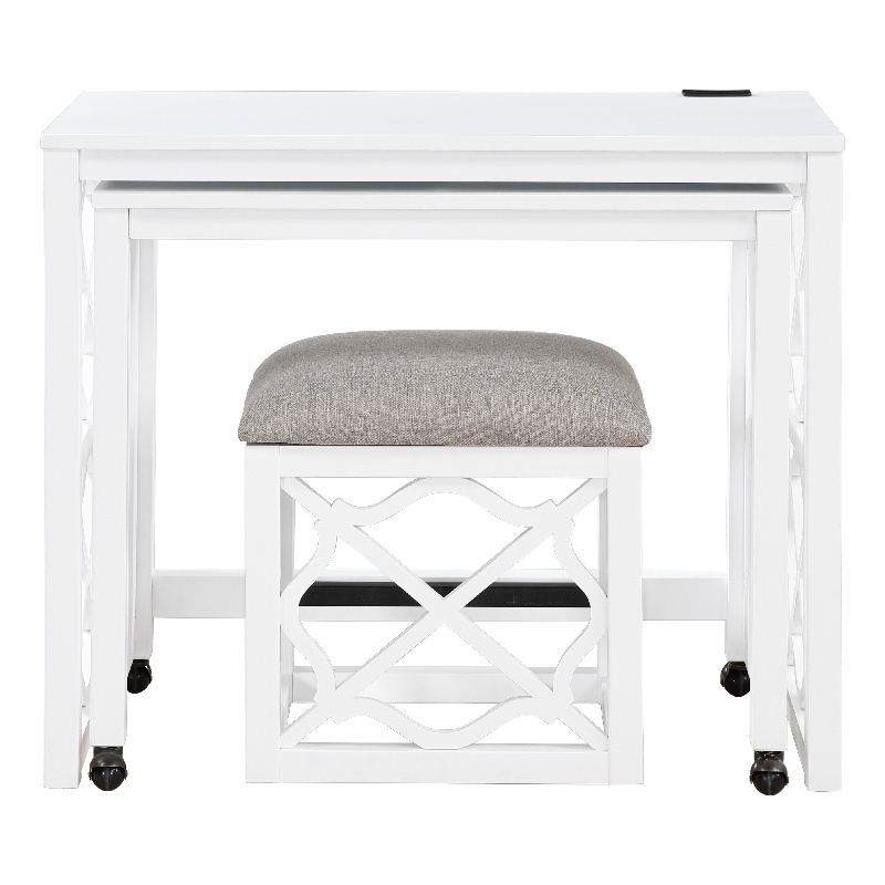 Syna 3 Piece Nesting Desk and Stool Set- White Wood- Gray Polyester