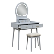 Anvy Vanity Desk Set with Mirror and Stool- 4 Drawers- Gray Wood