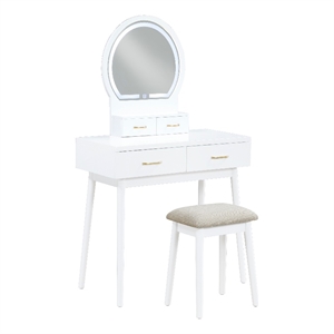 Anvy Vanity Desk Set with Mirror and Stool- 4 Drawers- White Wood