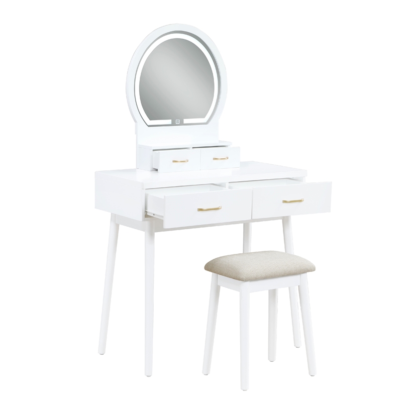 Anvy Vanity Desk Set with Mirror and Stool- 4 Drawers- White Wood