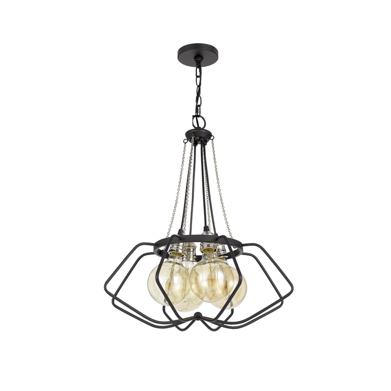 Lima 22 Inch Chandelier w 4 Light Bulbs-Black Metal Cage Design