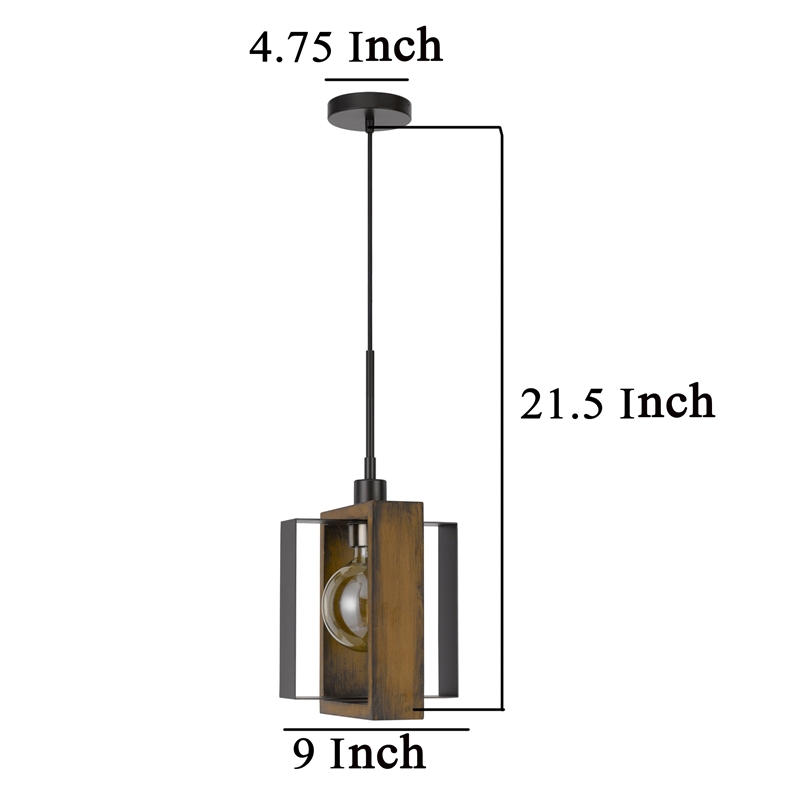 Gen 9 Inch Mini Pendant Light Fixture w Bulb-Black Metal-Pine Wood