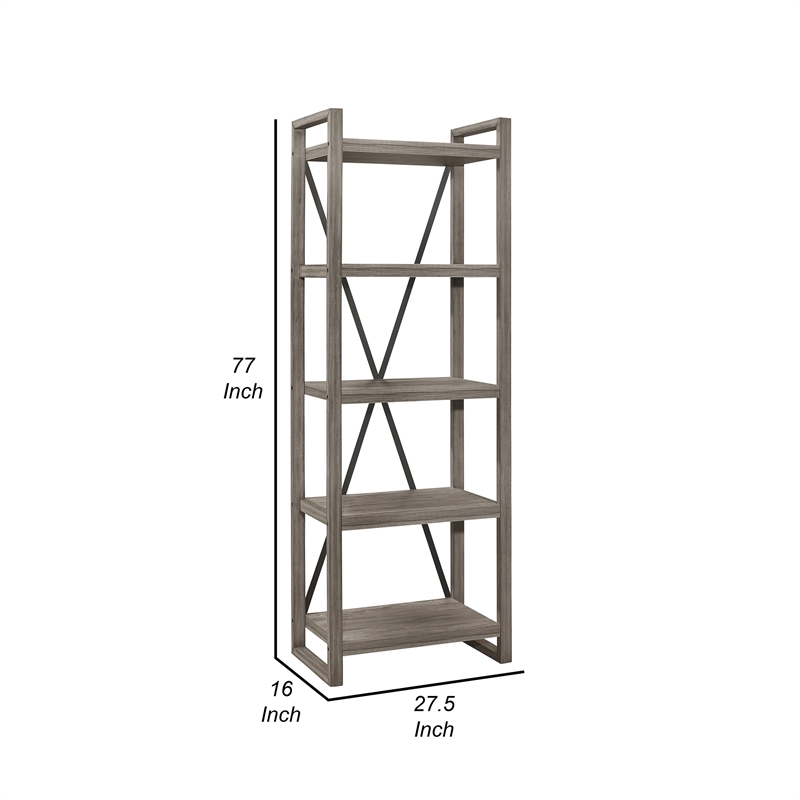 Rie 77 Inch Bookshelf- 4 Tiers - Metal X Shaped Support- Rustic Gray Wood