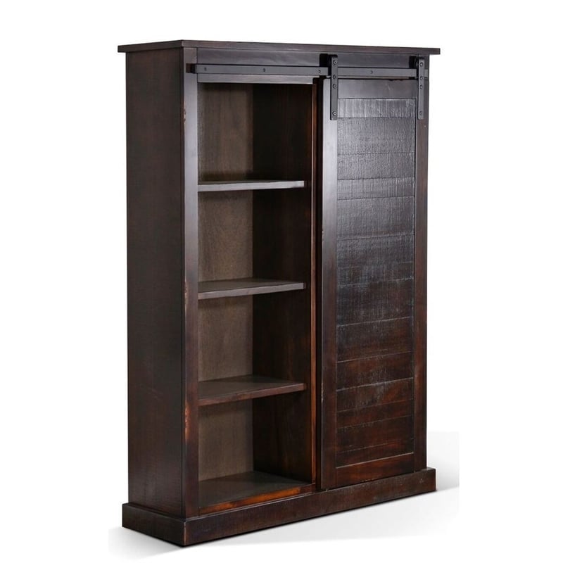 Cyna Bookcase- Sliding Barn Door with 3 Shelves- Dark Brown 66 Inch