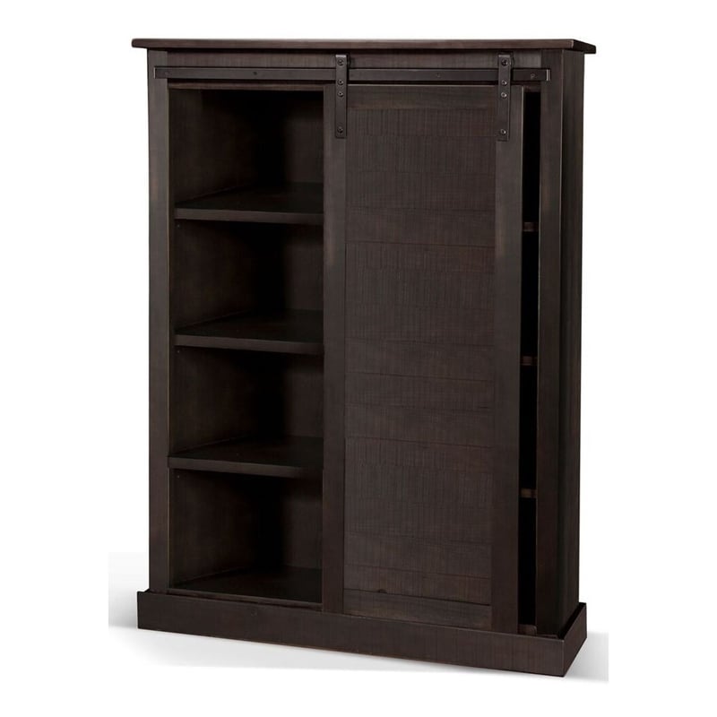 Cyna Bookcase- Sliding Barn Door with 3 Shelves- Dark Brown 66 Inch