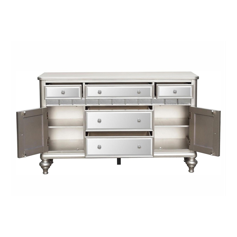 Jomo Sideboard Buffet Console- Mirror Front- 5 Drawers Silver- 57 Inch