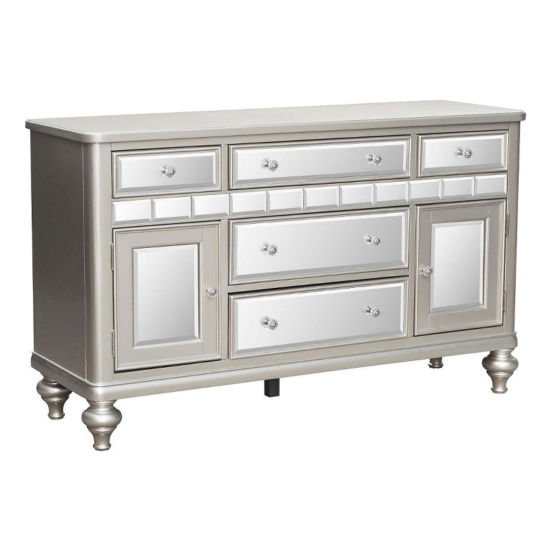 Jomo Sideboard Buffet Console- Mirror Front- 5 Drawers Silver- 57 Inch