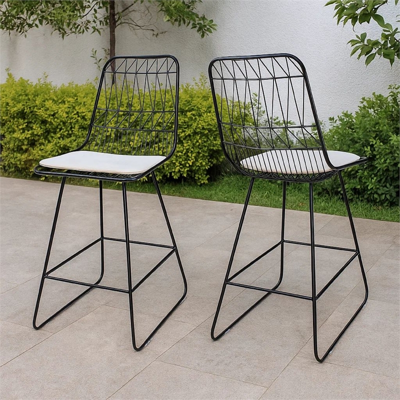 Outdoor Counter Stool Chair Set of 2- Black Iron Frame Construction