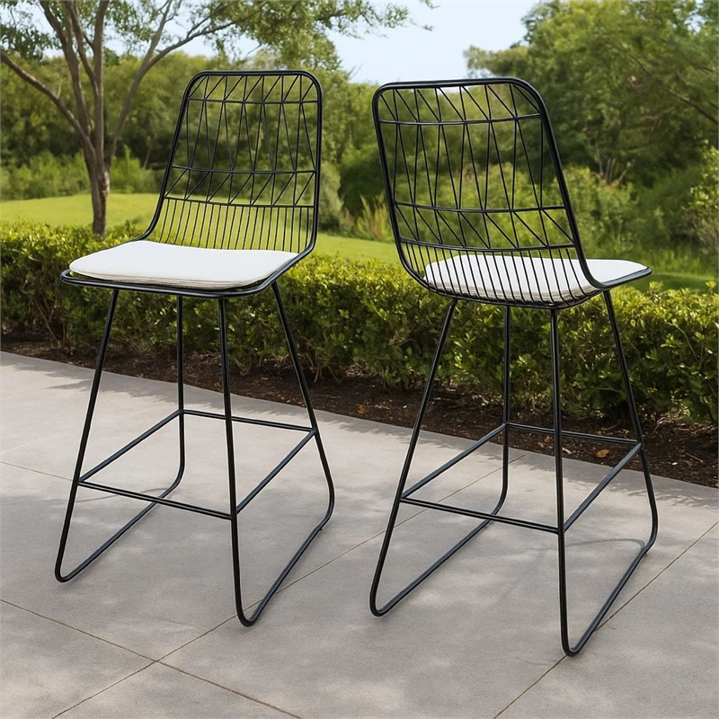 Outdoor Counter Stool Chair Set of 2- Black Iron Frame Construction