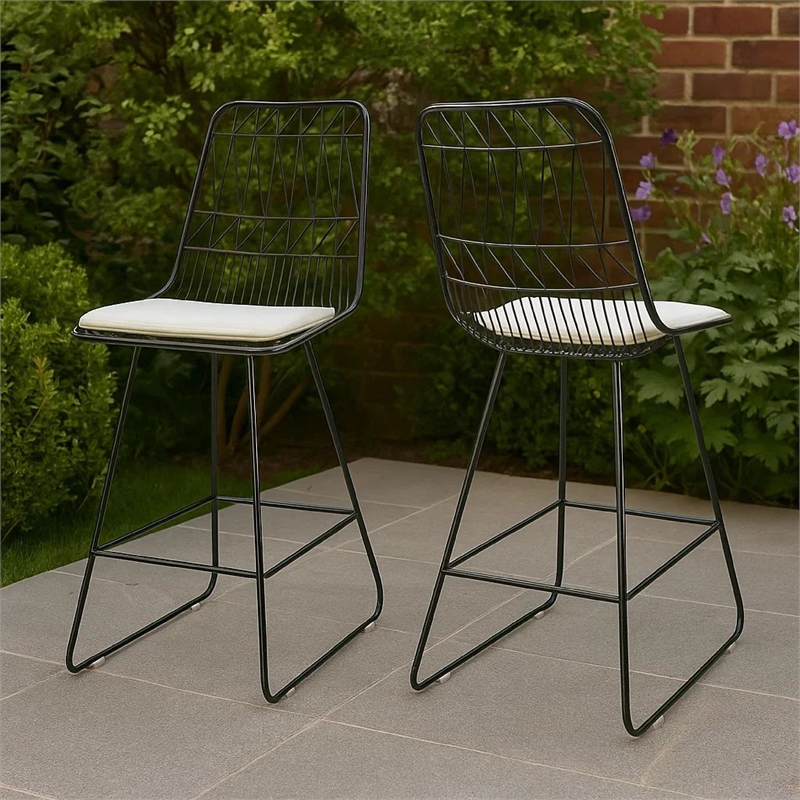 Outdoor Counter Stool Chair Set of 2- Black Iron Frame Construction