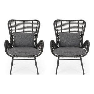 Slay Outdoor Accent Chair Set of 2- 25 Inch- Gray Woven Rattan- Iron Legs