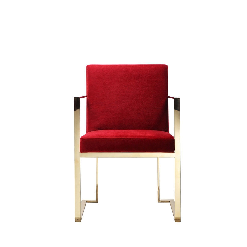 Boly 22 Inch Dining Side Chair Armchair- Maroon Velvet- Gold Steel Frame