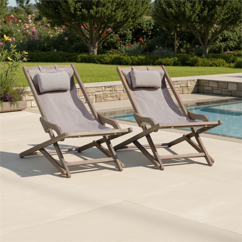 Mikki Portable Sling Chair Set of 2 with Pillows- Gray Polyester- Wood Base