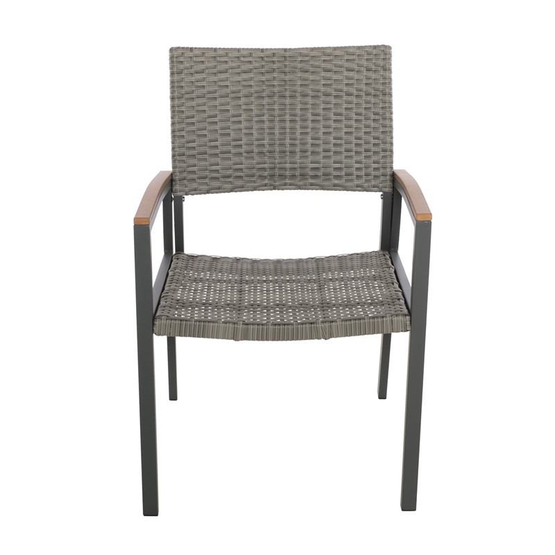 Outdoor Dining Chair Set of 2- Mesh Seat- Gray Rattan and Brown Faux Wood