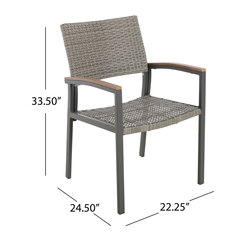 Outdoor Dining Chair Set of 2- Mesh Seat- Gray Rattan and Brown Faux Wood