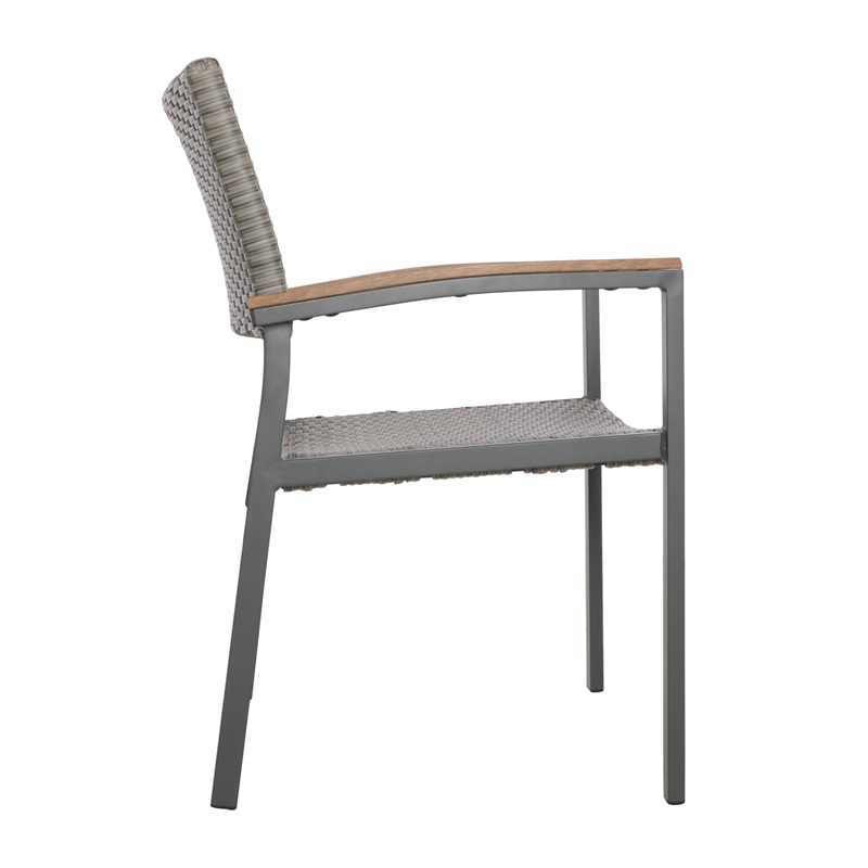 Outdoor Dining Chair Set of 2- Mesh Seat- Gray Rattan and Brown Faux Wood