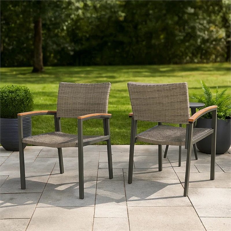 Outdoor Dining Chair Set of 2- Mesh Seat- Gray Rattan and Brown Faux Wood