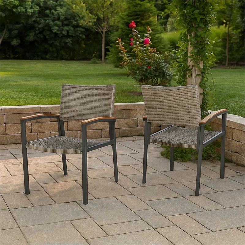 Outdoor Dining Chair Set of 2- Mesh Seat- Gray Rattan and Brown Faux Wood