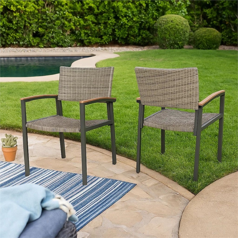 Outdoor Dining Chair Set of 2- Mesh Seat- Gray Rattan and Brown Faux Wood