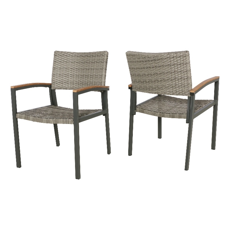 Outdoor Dining Chair Set of 2- Mesh Seat- Gray Rattan and Brown Faux Wood