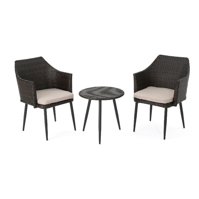 Kenny 3pc Outdoor Accent Chair Set- 1 Table- White- Brown Rattan- Iron