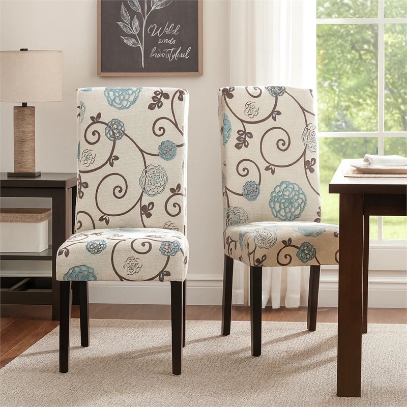 Dining Chair Set of 2- Beige Fabric- Soft Cushions- Black Rubberwood