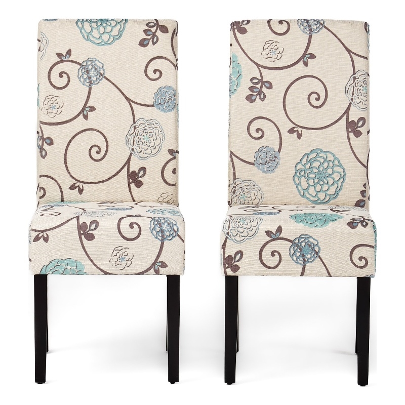 Dining Chair Set of 2- Beige Fabric- Soft Cushions- Black Rubberwood