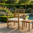 Outdoor Club Chair Set of 2- Slat Back- Brown Acacia Wood- White Fabric